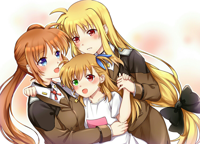 3girls blonde_hair blue_eyes blush brown_hair couple eye_contact family fate_testarossa hair_ornament hair_ribbon hand_around_neck happy heterochromia holding_hands hug long_hair looking_at_another lyrical_nanoha mahou_shoujo_lyrical_nanoha mahou_shoujo_lyrical_nanoha_strikers mahou_shoujo_lyrical_nanoha_vivid mikasa-01 military military_uniform mother_and_daughter multiple_girls neck_ribbon open_mouth red_eyes ribbon side_ponytail simple_background smile takamachi_nanoha two-tone_background uniform very_long_hair yuri