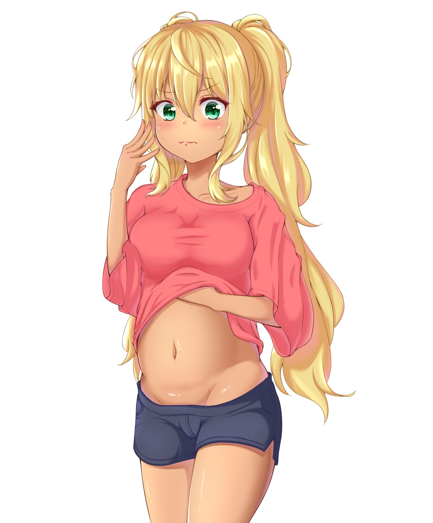 1girl absurdres black_shorts blonde_hair blush breasts danberu_nan_kiro_moteru? dark_skin green_eyes groin hand_to_own_mouth highres lifted_by_self long_hair lowleg lowleg_shorts navel no_panties pink_shirt sakura_hibiki_(danberu_nan_kiro_moteru?) scratching_stomach shirt shirt_lift short_shorts shorts solo stomach twintails