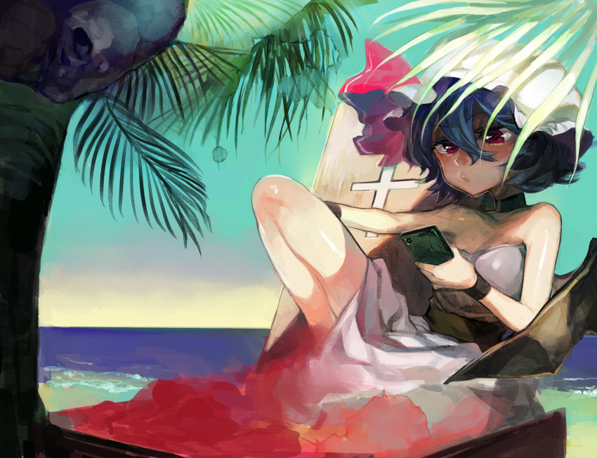 1girl bangs bare_shoulders bat_wings beach black_choker blue_hair cellphone choker closed_mouth cross dress hair_between_eyes hat hat_ribbon highres holding holding_phone mafuyu_hemp mob_cap outdoors palm_tree phone pink_eyes pink_ribbon remilia_scarlet ribbon sash short_hair sky smartphone solo strapless strapless_dress touhou tree water white_dress white_headwear wings wristband