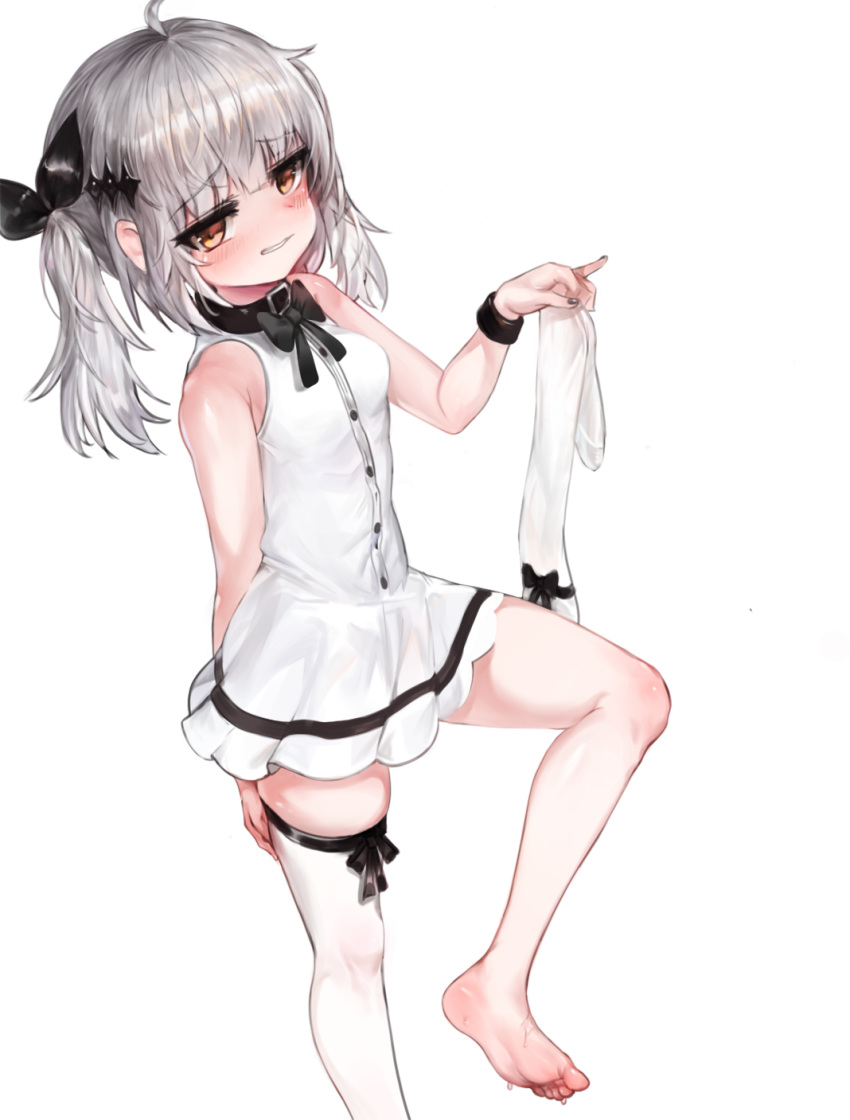 1girl ahoge bangs bare_shoulders barefoot black_bow black_ribbon blush bow breasts brown_eyes commentary_request dokomon dress eyebrows_visible_through_hair fingernails five-seven_(girls_frontline) girls_frontline grey_nails hair_ornament hair_ribbon highres holding korean_commentary looking_at_viewer parted_lips ribbon silver_hair single_thighhigh sleeveless sleeveless_dress small_breasts soles solo standing standing_on_one_leg thighhighs thighhighs_removed twintails white_dress white_legwear