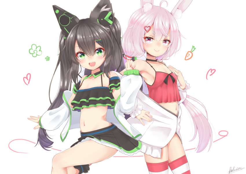 2girls ahoge animal_ear_fluff animal_ears arm_up bikini_top black_hair black_skirt breasts bunny_ears camisole cat_ears chigusa_hana chigusa_hana_channel choker garters green_eyes hair_ornament hairclip hand_on_hip hand_on_own_chest headphones highres jacket long_hair low_twintails miniskirt multiple_girls navel no_pants off_shoulder open_clothes open_jacket open_mouth outstretched_arm pink_eyes pink_hair red_camisole simple_background skirt small_breasts smile striped striped_legwear thighhighs thighs tomari_mari tomari_mari_channel trait_connection twintails virtual_youtuber white_background white_jacket