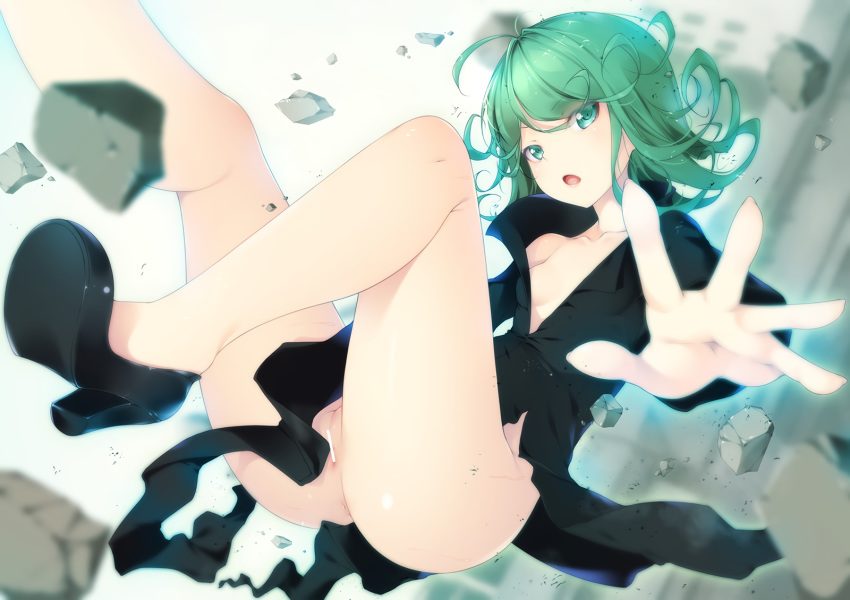 censored dress green_eyes green_hair mogu no_bra nopan onepunch_man pussy short_hair tatsumaki_(onepunch_man)