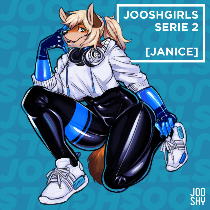 1:1 2018 anthro black_nose blue_eyes bottomwear breasts canid canine clothed clothing digital_media_(artwork) female footwear fox fully_clothed headphones hi_res janice_brooks jooshy kneeling looking_at_viewer mammal pants shoes solo sweater topwear