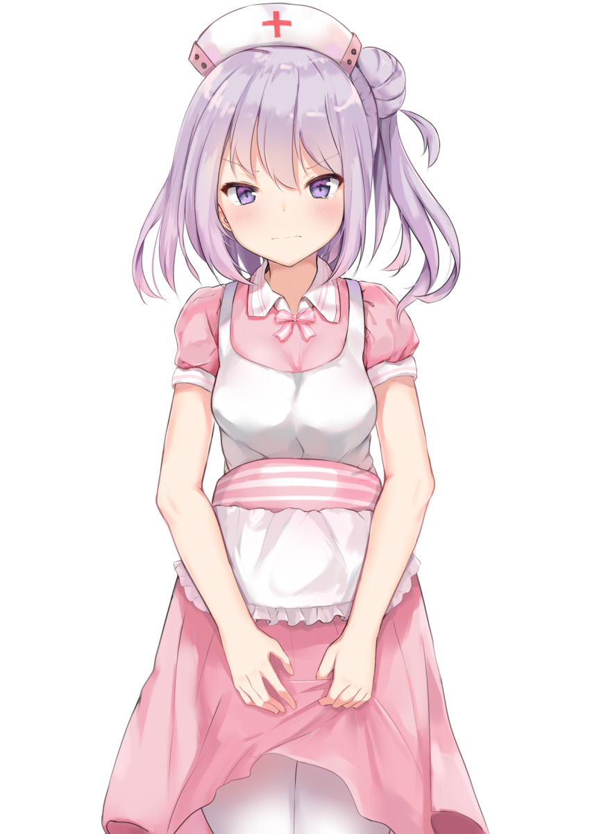 1girl apron bangs blush breasts closed_mouth commentary_request dress eyebrows_visible_through_hair filings_(ailuo_c) frilled_apron frills hair_between_eyes hair_bun hat highres looking_at_viewer nurse nurse_cap one_side_up pink_dress puffy_short_sleeves puffy_sleeves purple_eyes purple_hair short_sleeves side_bun simple_background small_breasts solo thighhighs v-shaped_eyebrows warship_girls_r white_apron white_background white_headwear white_legwear yukikaze_(warship_girls_r)