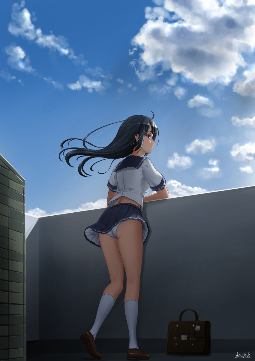 1girl absurdres ahoge bag black_hair blue_eyes blue_sailor_collar blue_skirt blue_sky brown_bag brown_footwear cloud day floating_hair from_behind full_body highres kayama_kouji kneehighs loafers long_hair looking_afar miniskirt original outdoors panties pantyshot pantyshot_(standing) pleated_skirt profile sailor_collar school_bag school_uniform shiny shiny_hair shirt shoes short_sleeves signature skirt sky solo standing underwear white_legwear white_panties white_shirt