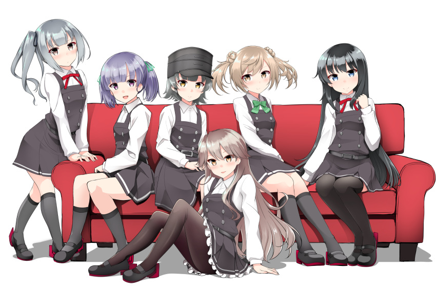 6+girls :d arare_(kantai_collection) arashio_(kantai_collection) asashio_(kantai_collection) bangs belt black_dress black_footwear black_hair black_headwear black_legwear black_ribbon blue_eyes blush bow breasts brown_eyes brown_hair brown_legwear closed_mouth clothes_grab collared_shirt commentary_request disconnected_mouth double_bun dress dress_shirt eyebrows_visible_through_hair frilled_dress frills green_bow green_ribbon grey_hair grey_legwear hair_between_eyes hair_ribbon hands_on_lap hat highres invisible_chair kantai_collection kasumi_(kantai_collection) kirigakure_(kirigakure_tantei_jimusho) kneehighs knees_up light_brown_hair loafers long_hair long_sleeves looking_at_viewer michishio_(kantai_collection) multiple_girls neck_ribbon ooshio_(kantai_collection) open_mouth pantyhose parted_lips pinafore_dress pleated_dress purple_eyes purple_hair red_neckwear red_ribbon remodel_(kantai_collection) ribbon rudder_footwear school_uniform shirt shoes short_hair short_twintails side_ponytail sidelocks silver_hair simple_background sitting sleeveless sleeveless_dress small_breasts smile socks thighhighs twintails very_long_hair white_background white_legwear white_shirt