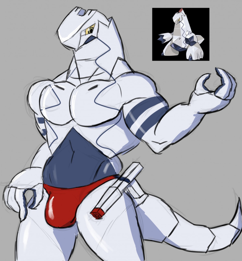 2019 4_fingers anthro anthrofied arm_markings belly_markings biceps biped bottomwear bulge clothed clothing collarbone colored_sketch daikuhiroshiama digital_media_(artwork) duraludon fingers front_view frown glistening glistening_body grey_background grey_body grey_eyes grey_markings grey_stripes grey_theme guide_lines gun half-length_portrait hi_res holster light lighting long_tail looking_aside looking_away machine male markings metallic_body muscular muscular_male navel neck_muscles nintendo official_art open_frown open_mouth pecs pok&eacute;mon pok&eacute;mon_(species) pok&eacute;morph portrait ranged_weapon red_bottomwear red_clothing red_underwear robot scalie shadow sheathed_weapon simple_background solo standing striped_body stripes thong topless two_tone_body underwear unknown_artist video_games weapon white_body white_tail yellow_sclera