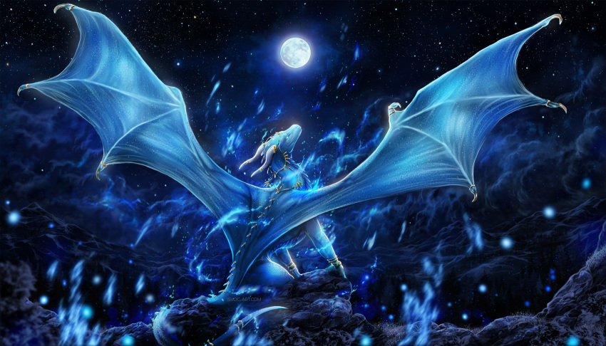 2019 blue_scales blue_skin digital_media_(artwork) dragon feral hi_res horn isvoc membrane_(anatomy) membranous_wings moon night outside scales scalie sitting sky solo spines spread_wings star starry_sky western_dragon wings