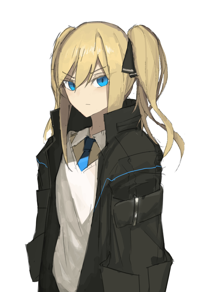 1girl absurdres asuteroid blonde_hair blue_eyes blue_neckwear brown_shirt closed_mouth cornea_(asuteroid) cropped_torso eyebrows_visible_through_hair hair_ornament hair_ribbon highres jacket long_hair looking_at_viewer necktie neon_trim original ribbon serious shirt simple_background sketch white_shirt