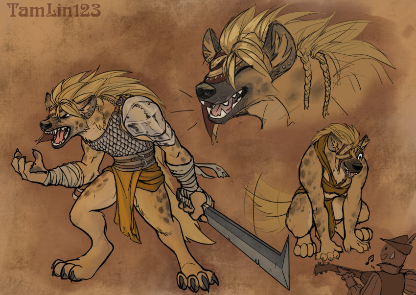 2019 ambiguous_gender anthro armor clothed clothing digital_media_(artwork) dungeons_and_dragons duo fur gnoll hair holding_object hyaenid mammal melee_weapon simple_background solo spotted_hyena standing sword tamlin123 weapon