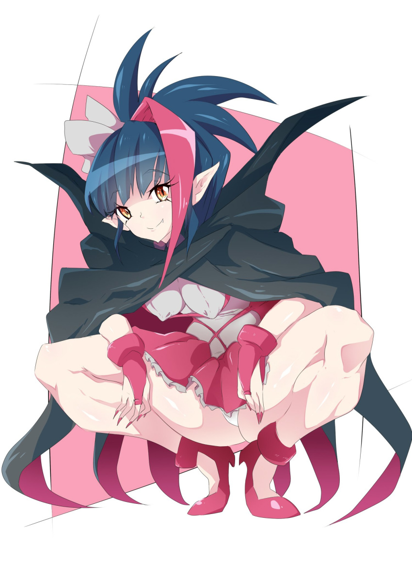 1girl bangs black_hair blush breasts cape closed_mouth commentary_request covered_nipples fang fingernails full_body hair_ribbon high_heels highres looking_at_viewer medium_breasts millaarc mochi_hanpen nail_polish orange_eyes panties pantyshot pointy_ears ponytail red_hair ribbon senki_zesshou_symphogear shiny shiny_hair shiny_skin short_hair skirt slit_pupils smile solo spread_legs squatting thighs underwear white_panties