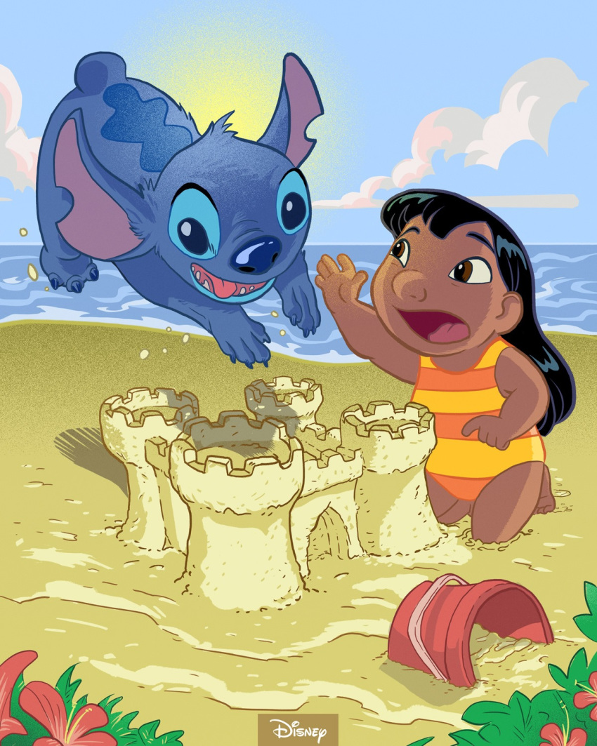 3_toes 4:5 4_fingers 5_fingers alien back_markings beach black_hair blue_claws blue_fur blue_nose brown_eyes bucket claws clothing cloud day disney duo experiment_(lilo_and_stitch) fingers flower fur hair head_tuft hi_res hibiscus human jumping kneeling lilo_and_stitch lilo_pelekai long_hair looking_at_another mammal markings notched_ear official_art one-piece_swimsuit open_mouth outside plant sand_castle sculpture seaside sky small_tail stitch_(lilo_and_stitch) swimwear toes tongue tongue_out tuft unknown_artist young