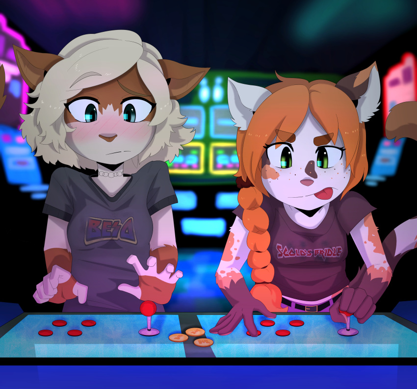 5_fingers absurd_res arcade clothed clothing controller cub domestic_cat duo felid feline felis fingers front_view fur game_controller gaming gothbunnyboy green_eyes hair hi_res ketzio11 mammal multicolored_fur orange_hair playing_videogame tongue tongue_out young