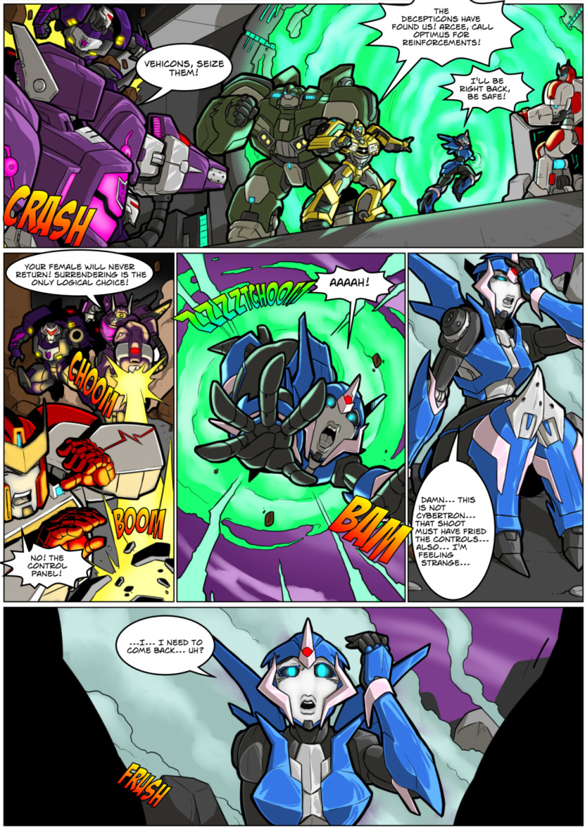 aircraft alien arcee autobot battle blue_body blue_eyes bulkhead bumblebee_(transformers) comic cybertronian decepticon dialogue digital_drawing_(artwork) digital_media_(artwork) english_text female fight frown group gun hi_res humanoid living_machine machine mad-project male multicolored_body not_furry open_mouth ranged_weapon ratchet_(transformer) red_eyes robot robot_humanoid shockwave_(transformer) simple_background size_difference sound_effects speech_bubble standing teeth text tongue transformers vehicon weapon