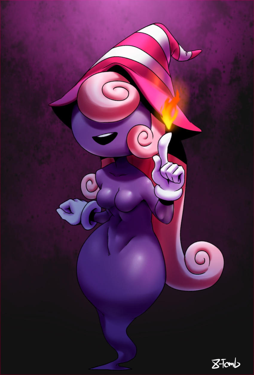 8-tomb breasts clothing fire ghost gloves hair handwear hat headgear headwear hi_res mario_bros nintendo open_mouth paper_mario pink_hair purple_background shadow_siren simple_background solo spirit video_games vivian_(mario) wide_hips