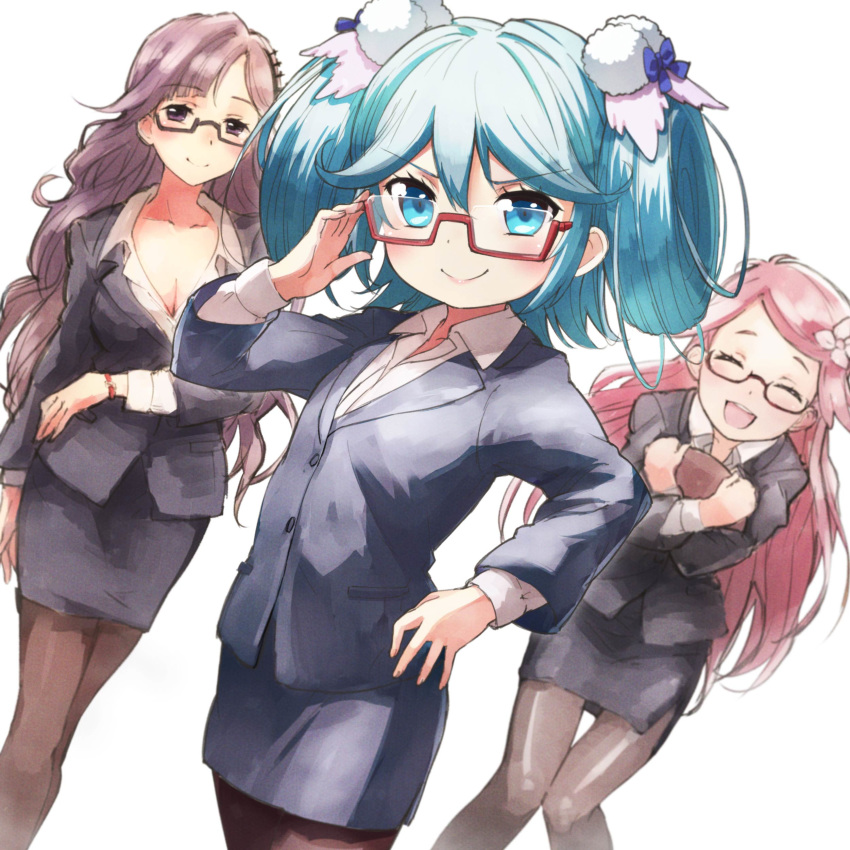 &gt;:) 3girls :d ^_^ absurdres adjusting_eyewear age_difference black-framed_eyewear black_jacket blue_eyes blue_hair blue_jacket blush breasts brown_hair brown_legwear business_suit cleavage closed_eyes closed_mouth collarbone collared_shirt dress_shirt dutch_angle fantasista_doll fingernails flower formal glasses hair_flower hair_ornament hair_rings hand_on_hip highres jacket katia_(fantasista_doll) long_hair long_sleeves madeleine_(fantasista_doll) medium_breasts multiple_girls nyama office_lady open_mouth pantyhose pencil_skirt pink_hair purple_eyes purple_hair red-framed_eyewear semi-rimless_eyewear shimeji_(fantasista_doll) shirt skirt skirt_suit smile suit under-rim_eyewear v-shaped_eyebrows very_long_hair white_flower white_shirt