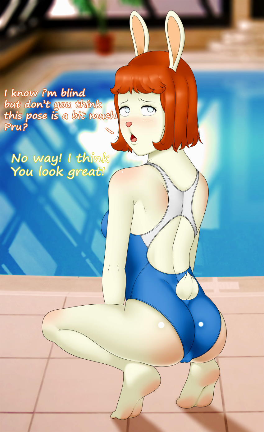 2019 absurd_res anthro arthur_(series) biped blind breasts buffbumblebee butt camel_toe clothed clothing crouching digital_media_(artwork) eyebrows eyelashes female fur hair hi_res lagomorph leporid looking_at_viewer looking_back mammal marina_datillo one-piece_swimsuit rabbit solo sport_swimsuit swimming_pool swimwear tight_clothing tongue water white_fur