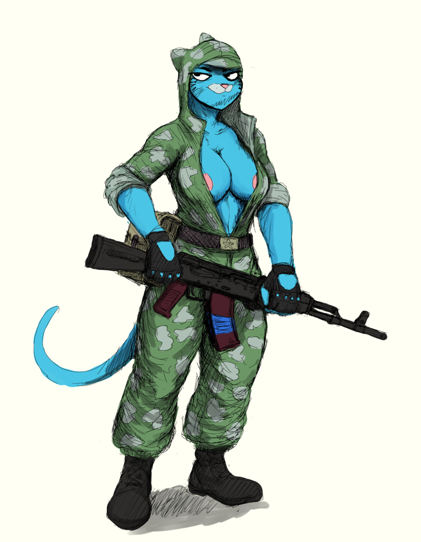 2019 assault_rifle big_breasts blue_fur boots breasts camo cartoon_network cleavage clothed clothing digital_media_(artwork) domestic_cat fatigues felid feline felis female fingers footwear fur gloves gun half-closed_eyes handwear headgear hi_res hladilnik mammal nicole_watterson nipples pattern_clothing pose ranged_weapon rifle simple_background smile solo spetsnaz the_amazing_world_of_gumball uniform weapon whiskers white_background