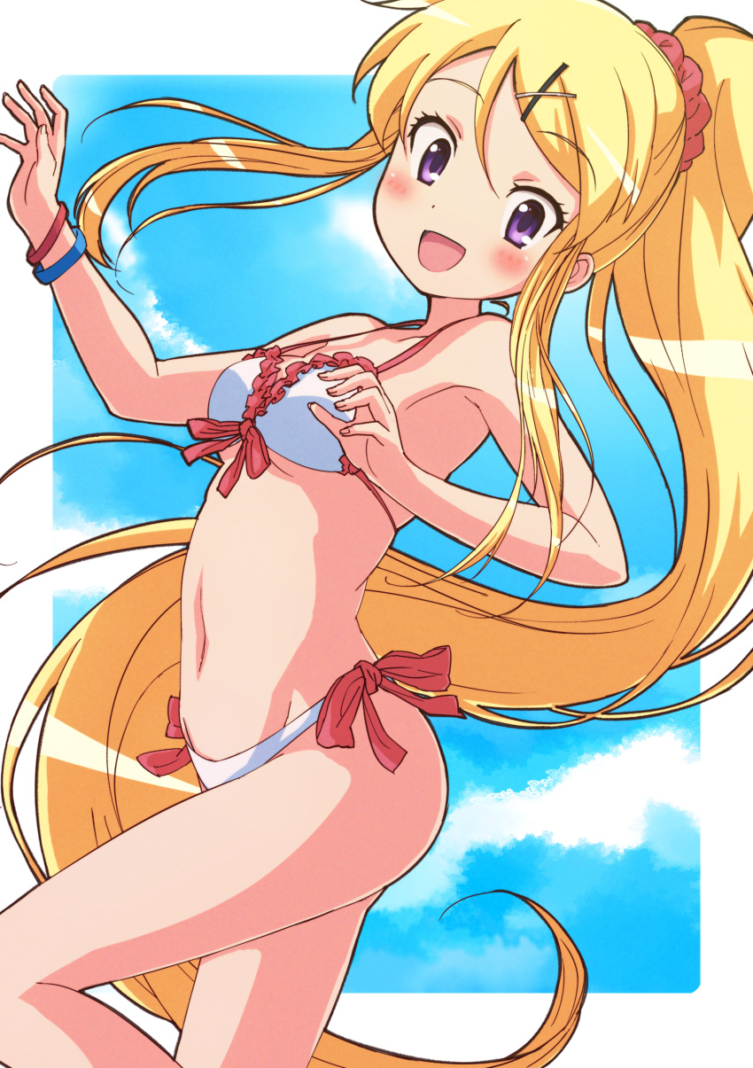 1girl :d absurdres armpits bangs bare_arms bare_shoulders bikini blonde_hair blue_sky blush breasts cloud collarbone day eyebrows_visible_through_hair fingernails frilled_bikini_top frills front-tie_bikini front-tie_top hair_between_eyes hair_ornament hair_scrunchie hairclip hands_up high_ponytail highres kin-iro_mosaic kujou_karen long_hair navel nyama open_mouth pink_scrunchie ponytail purple_eyes scrunchie sky small_breasts smile solo standing standing_on_one_leg swimsuit very_long_hair white_bikini x_hair_ornament