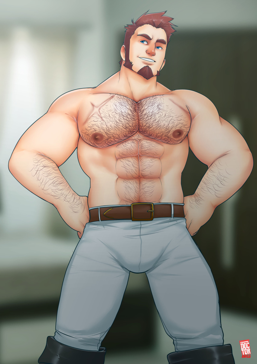 1boy abs absurdres bara beard belt blue_eyes brown_hair bulge chest doctor_anfelo facial_hair fate/grand_order fate_(series) hand_on_hip highres male_focus muscle napoleon_bonaparte_(fate/grand_order) nipples pants pectorals scar simple_background smile solo teeth thighs