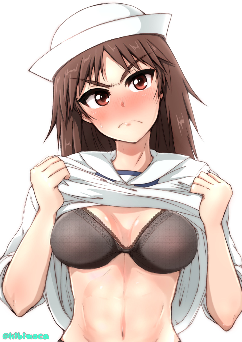 1girl abs bangs black_bra black_eyes black_hair blouse blush bra breasts closed_mouth commentary dixie_cup_hat eyebrows_visible_through_hair frown girls_und_panzer hat head_tilt highres kibimoka lace lace-trimmed_bra lifted_by_self long_hair long_sleeves looking_at_viewer medium_breasts military_hat murakami_(girls_und_panzer) navel ooarai_naval_school_uniform sailor sailor_collar school_uniform shirt_lift simple_background sleeves_rolled_up solo standing sweatdrop twitter_username underwear upper_body v-shaped_eyebrows white_background white_blouse white_headwear