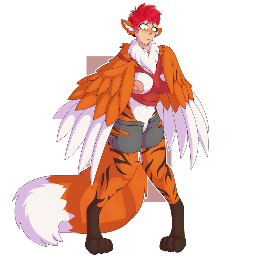 1:1 2019 absurd_res alpha_channel avian big_breasts blush bottomwear breasts canid canine clothing feathers felid female fox green_eyes hair harpy hi_res hybrid kyla_thompson mammal navel nipples pantherine pigeon_toed red_hair shirt shorts solo standing tiger topwear torn_clothing transformation unidentified-tf wings