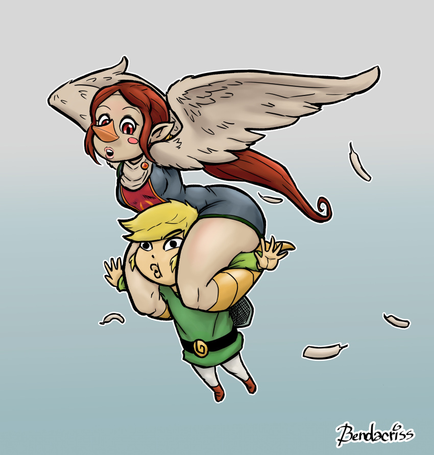 absurd_res animal_humanoid avian avian_humanoid beak bendacriss blonde_hair blush bottomwear breasts brown_hair clothing duo female flying hair head_in_crotch hi_res humanoid hylian male male/female medli nintendo nose_beak pants red_eyes rito robe the_legend_of_zelda thick_thighs tight_clothing toon_link tunic video_games wide_hips wind_waker wings