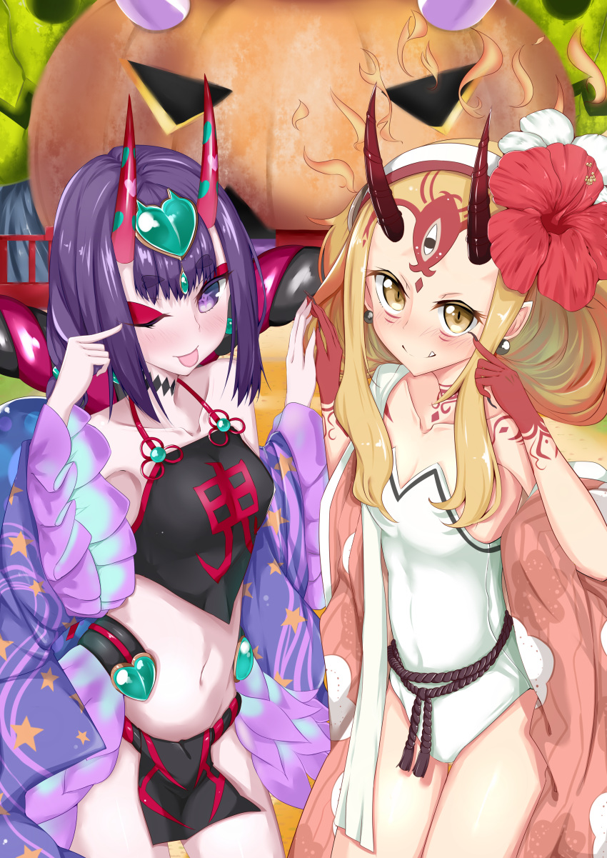 2girls absurdres bangs bare_shoulders blonde_hair blush borumete breasts chinese_clothes collarbone detached_sleeves dudou earrings eyeliner facial_mark fang fang_out fate/grand_order fate_(series) fingernails flower forehead_mark fundoshi hair_flower hair_ornament hairband headpiece heart hibiscus highres horns ibaraki_douji_(fate/grand_order) ibaraki_douji_(swimsuit_lancer)_(fate) jack-o'-lantern japanese_clothes jewelry long_hair looking_at_viewer low_twintails makeup multiple_girls navel one-piece_swimsuit one_eye_closed oni oni_horns open_mouth pointy_ears purple_eyes purple_hair rope sharp_fingernails shawl short_eyebrows short_hair short_twintails shuten_douji_(fate/grand_order) shuten_douji_(halloween_caster)_(fate) small_breasts smile swimsuit tattoo thighs tongue tongue_out twintails very_long_hair white_swimsuit yellow_eyes