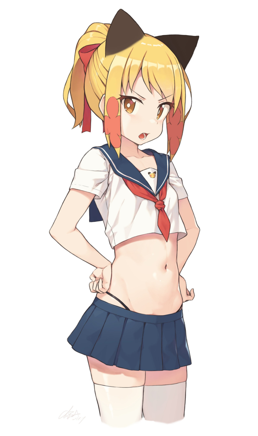 1girl :o absurdres blonde_girl_(cloba) blonde_hair blue_sailor_collar blue_skirt breasts brown_eyes cloba collarbone commentary_request cowboy_shot crop_top crop_top_overhang frown groin hair_ribbon hands_on_hips highleg highres long_hair looking_at_viewer midriff miniskirt navel necktie open_mouth original panty_straps pleated_skirt ponytail red_neckwear red_ribbon ribbon sailor_collar school_uniform serafuku shirt short_necktie short_sleeves sidelocks signature simple_background skirt small_breasts solo stomach thighhighs v-shaped_eyebrows white_background white_legwear white_shirt zettai_ryouiki