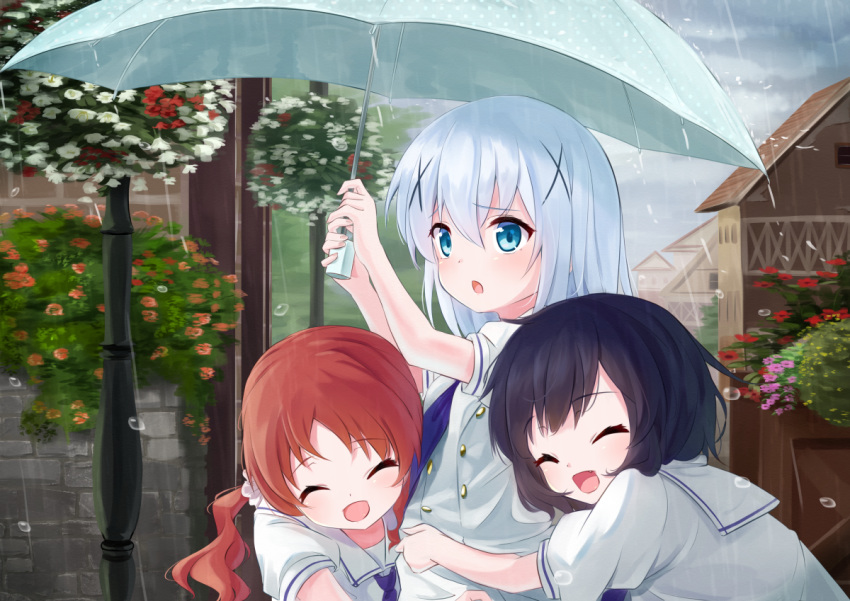 3girls :d bangs black_hair blue_neckwear blue_umbrella brown_hair chimame-tai closed_eyes eyebrows_visible_through_hair flower gochuumon_wa_usagi_desu_ka? holding holding_umbrella jouga_maya kafuu_chino long_hair multiple_girls natsu_megumi open_mouth outdoors polka_dot polka_dot_umbrella rain red_flower sailor_collar school_uniform shirt short_hair short_sleeves silver_hair smile tagame_(tagamecat) umbrella white_flower white_sailor_collar white_shirt