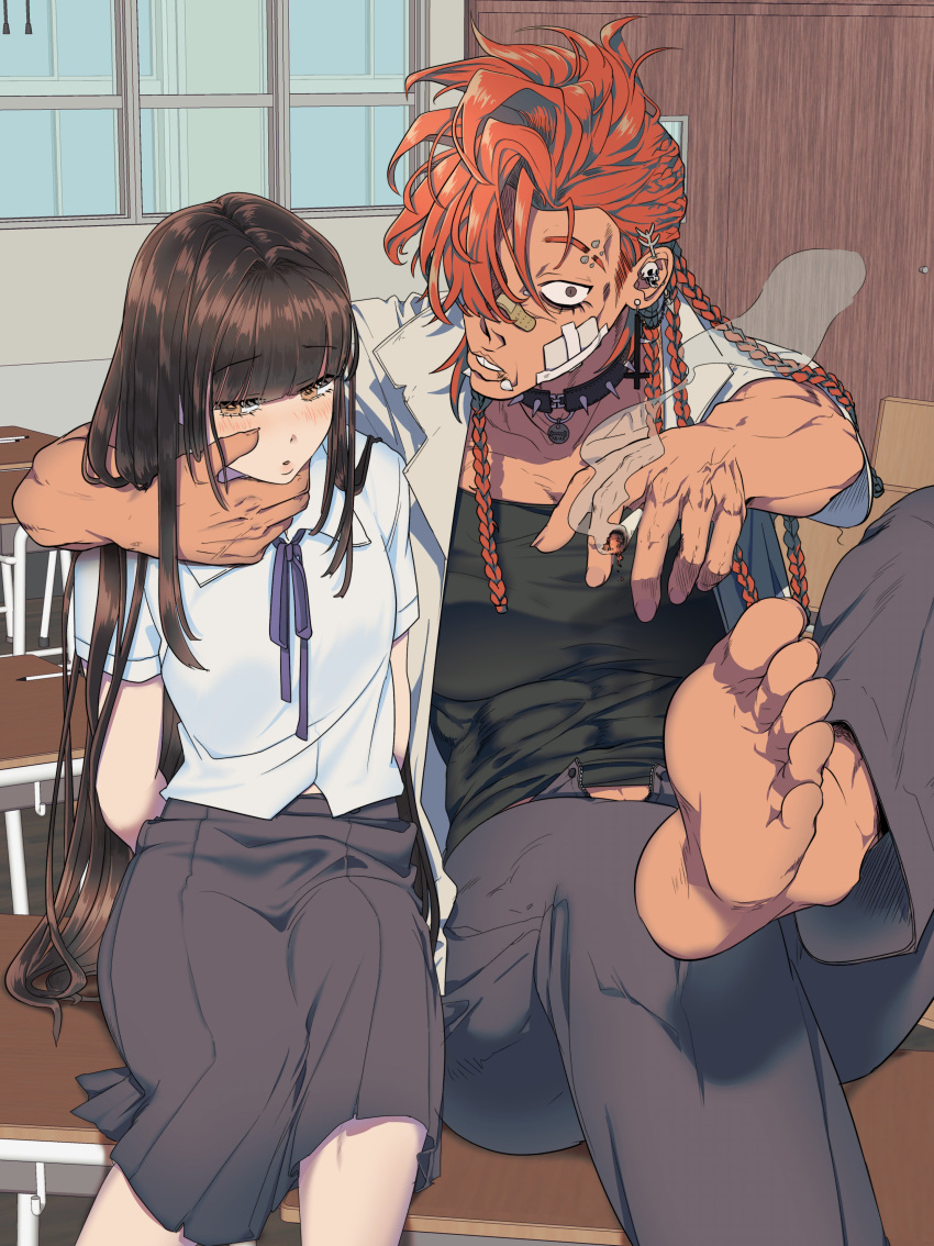 1boy 1girl absurdres arms_around_neck bandaid bandaid_on_face barefoot blush cigarette classroom collar desk earrings hairlocs hand_on_another's_face highres indoors jewelry long_hair long_skirt long_sleeves looking_away mmmbcnn on_desk piercing red_hair school_desk school_uniform shirt sitting sitting_on_desk skirt skull_earrings soccer_uniform spiked_collar spikes sportswear ugly uniform white_shirt yellow_eyes