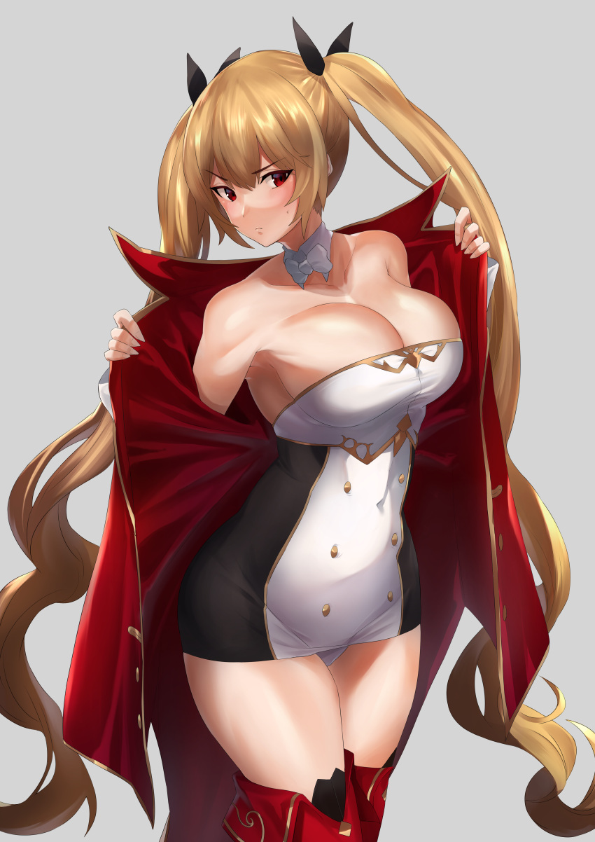 1girl absurdres azur_lane bangs bare_shoulders black_ribbon blonde_hair blush boots breasts cleavage collarbone detached_collar dress epaulettes eyebrows_visible_through_hair fujitsubo_(hujitubo0731) grey_background hair_ribbon highres jacket large_breasts long_hair long_sleeves looking_at_viewer nelson_(azur_lane) open_clothes open_jacket panties red_eyes red_footwear ribbon short_dress sidelocks simple_background solo strapless strapless_dress sweatdrop thigh_boots thighhighs tsurime tube_dress twintails underwear very_long_hair white_panties