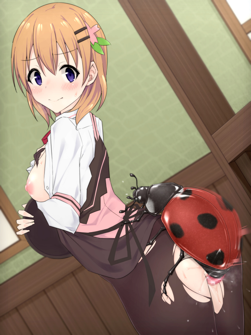 1girl absurdres bestiality black_legwear blue_eyes blush breasts breasts_outside brown_hair bug closed_mouth eyebrows_visible_through_hair gochuumon_wa_usagi_desu_ka? hair_ornament hairclip highres hoto_cocoa indoors insect ladybug large_breasts mingaru neckerchief nipples no_bra no_panties pantyhose rabbit_house_uniform red_neckwear sex shiny shiny_hair shiny_skin short_hair standing standing_sex torn_clothes torn_legwear vaginal window