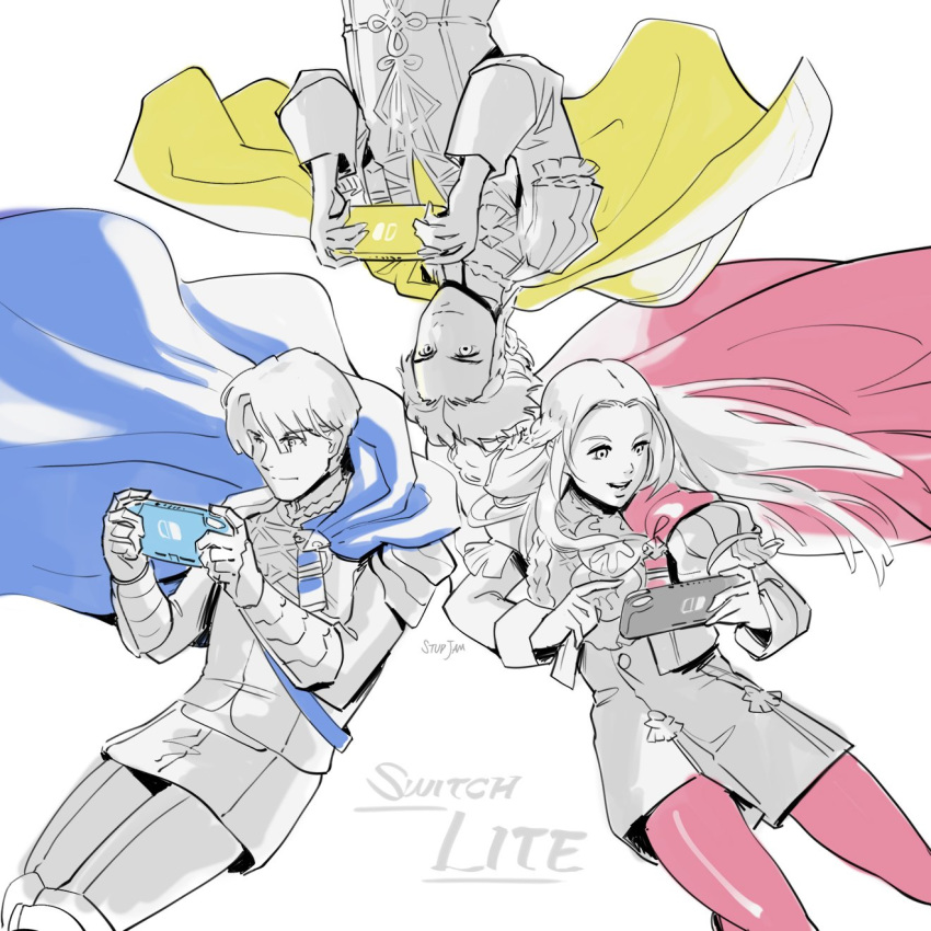 1girl 2boys armor axe blonde_hair blue_eyes brown_hair cape claude_von_regan_(fire_emblem) cravat dimitri_alexandre_bladud_(fire_emblem) edelgard_von_hresvelgr_(fire_emblem) fire_emblem fire_emblem:_three_houses gloves hair_ornament hair_ribbon highres long_hair looking_at_viewer multiple_boys nintendo_switch pantyhose red_cape ribbon short_hair simple_background smile stup-jam uniform weapon