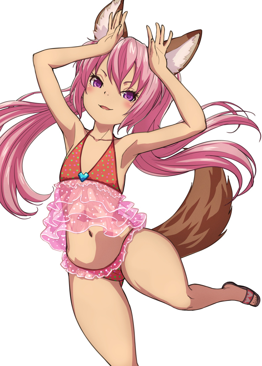 1girl absurdres animal_ear_fluff animal_ears armpits arms_up bangs bare_arms bare_shoulders bikini brown_footwear collarbone commentary_request elin_(tera) flat_chest hair_between_eyes heart highres long_hair multicolored multicolored_polka_dots navel nyama parted_lips pink_hair polka_dot polka_dot_bikini purple_eyes red_bikini sandals see-through simple_background solo standing standing_on_one_leg swimsuit tail tail_raised tera_online twintails v-shaped_eyebrows very_long_hair white_background