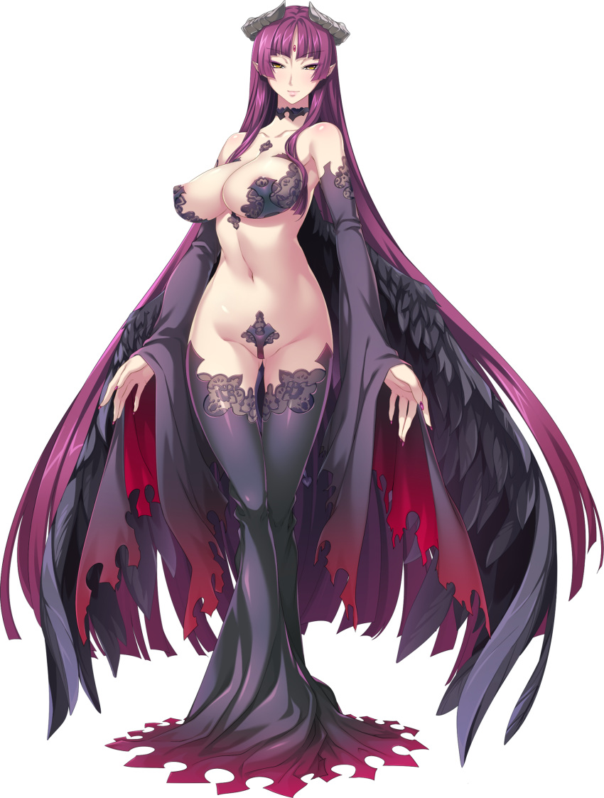 1girl absurdres areolae black_legwear black_wings breasts choker feathered_wings forehead_jewel full_body highres hikage_eiji horns kuroinu_2 large_breasts long_hair looking_at_viewer maebari nail_polish navel official_art pointy_ears purple_hair radomira solo standing thighhighs transparent_background very_long_hair wings yellow_eyes