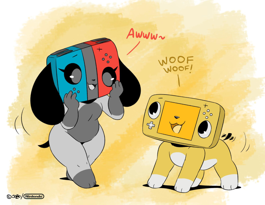 2019 3_toes 4_fingers animate_inanimate anthro black_sclera canid canine eyelashes female fingers floppy_ears gloves_(marking) hi_res joaoppereiraus leg_markings mammal markings nintendo nintendo_switch open_mouth open_smile short_stack simple_background slightly_chubby smile socks_(marking) solo switch_dog switch_puppy tailwag toes two_tone_body video_games
