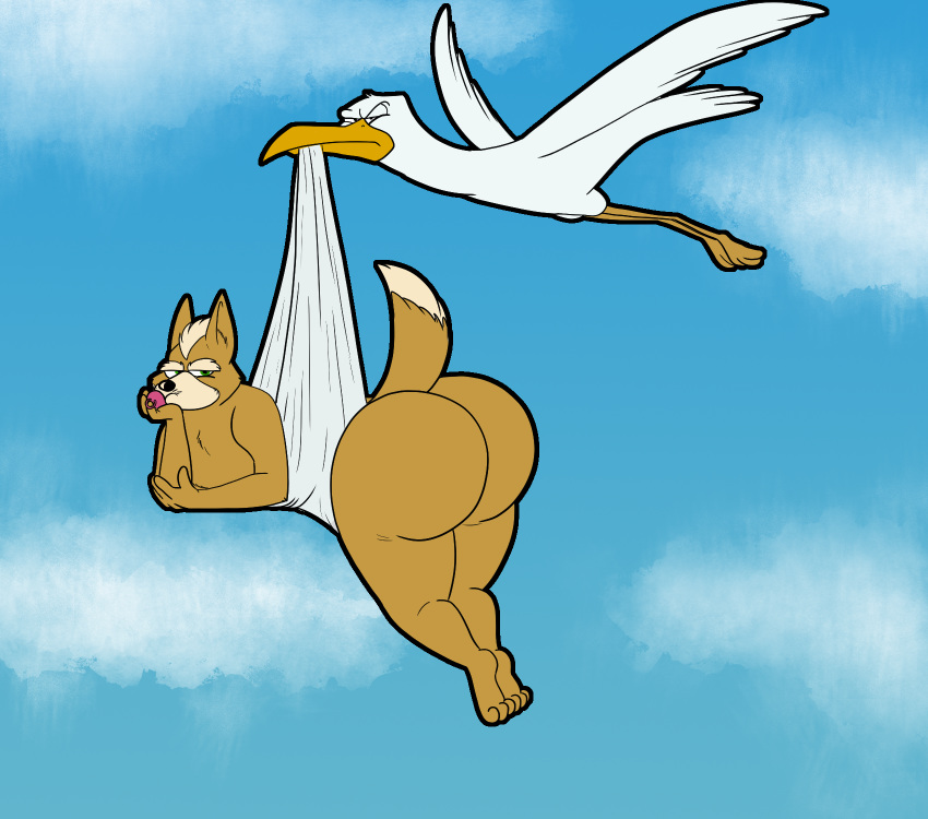 avian big_butt bird butt canid canine darthtater342 darthtater342_(artist) fox fox_mccloud hi_res mammal nintendo nude star_fox stork stork_delivery video_games