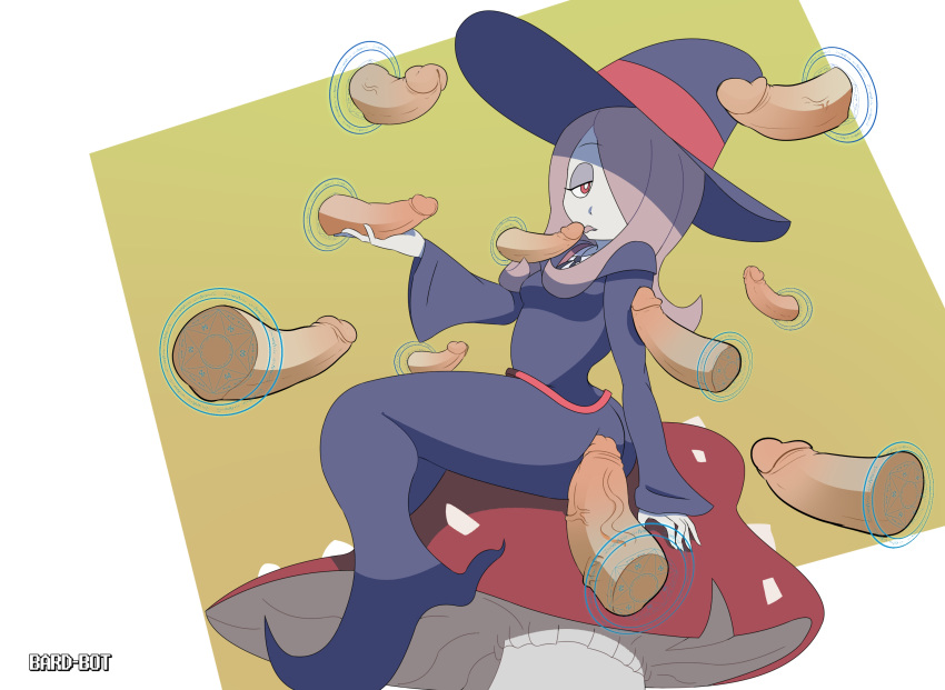 artist_name bard-bot digital_media_(artwork) disembodied_penis eyebrows eyebrows_visible_through_hair eyelashes female female_focus female_only floating floating_penis grey_skin hair hair_over_one_eye human little_witch_academia magic multiple_penises mushroom penis penis_grab penis_lick pink_hair sitting solo solo_focus straight sucy_manbavaran tongue tongue_out veiny_penis witch witch_hat