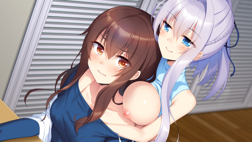 blue_eyes blush braids breast_grab breasts brown_eyes brown_hair game_cg ichiri kanzume_shoujo_no_shuumatsu_sekai long_hair nipples no_bra ponytail shirt_lift silkys_plus tagme_(character) trap white_hair