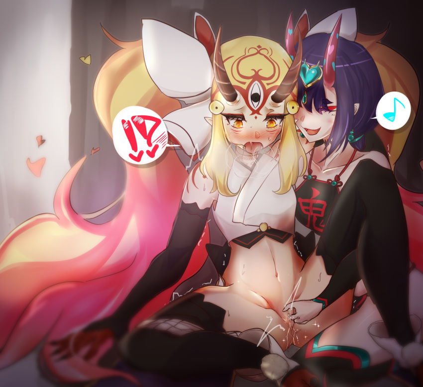 !? 2girls absurdres bangs bare_shoulders black_legwear blonde_hair blush bow breasts chinese_clothes collarbone detached_sleeves dudou earrings eyeliner facial_mark fang fang_out fate/grand_order fate_(series) fingering fingernails flower forehead_mark fundoshi gradient_hair hair_bow headpiece heart highres horns ibaraki_douji_(fate/grand_order) ibaraki_douji_(swimsuit_lancer)_(fate) japanese_clothes jewelry long_hair looking_at_viewer low_twintails mach_iota makeup multicolored_hair multiple_girls musical_note navel one-piece_swimsuit one_eye_closed oni oni_horns open_mouth pointy_ears purple_eyes purple_hair pussy pussy_juice rope sharp_fingernails shawl short_eyebrows short_hair short_twintails shuten_douji_(fate/grand_order) shuten_douji_(halloween_caster)_(fate) sidelocks small_breasts smile spoken_musical_note spread_legs swimsuit tattoo thighs twintails very_long_hair white_swimsuit yellow_eyes yuri