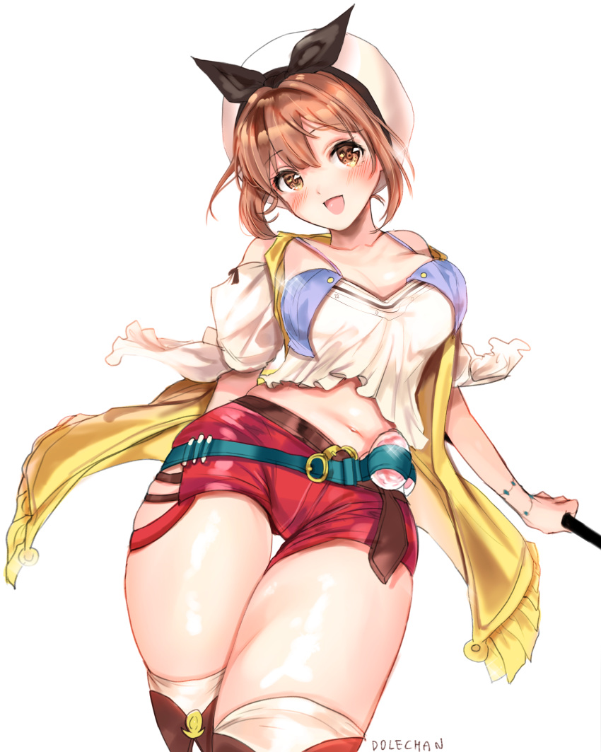 1girl :d absurdres arm_behind_back artist_name atelier_(series) atelier_ryza blush breasts brown_eyes brown_hair cleavage dole_(lo628) eyebrows_visible_through_hair hat highres large_breasts looking_at_viewer navel open_mouth red_shorts reisalin_stout short_hair short_shorts shorts simple_background smile solo standing thigh_gap thighhighs thighs white_background white_headwear white_legwear