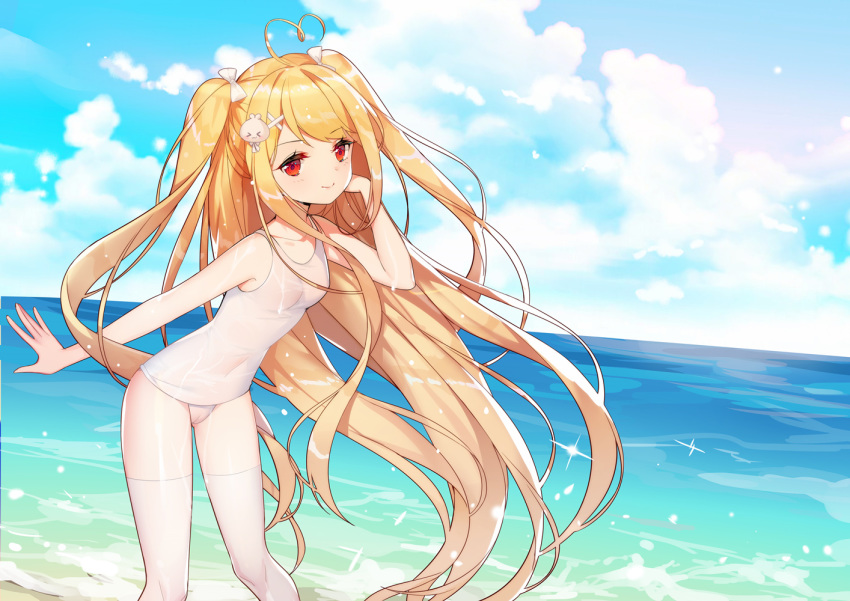 1girl ahoge arm_up beach blonde_hair breasts cameltoe cloud covered_navel hair_ornament hairclip hand_in_hair heart_ahoge leaning_forward long_hair niliu_chahui ocean one_eye_closed original outdoors outstretched_arm red_eyes ribbon school_swimsuit sky small_breasts smile solo swimsuit thighhighs tokisaki_asaba two_side_up very_long_hair white_legwear white_school_swimsuit white_swimsuit wind