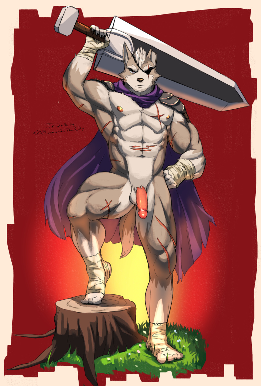2019 absurd_res anthro armor balls canid canine canis cape clothing digital_media_(artwork) eyewear flaccid fur hi_res holding_object holding_weapon humanoid_penis jrjresq looking_at_viewer male mammal melee_weapon muscular navel nintendo nipples nude penis simple_background solo standing star_fox sword video_games weapon wolf wolf_o'donnell