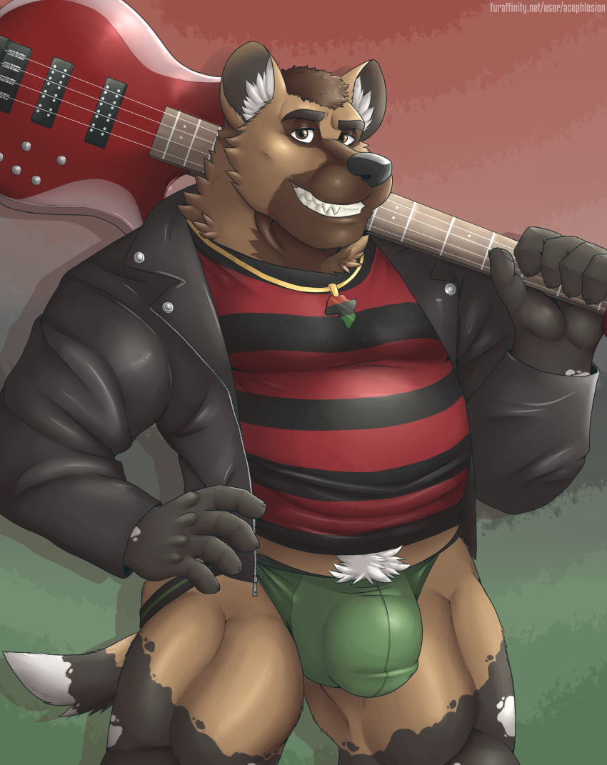 absurd_res acephlosion african_wild_dog anthro barazoku bass bass_guitar belly black_nose body_hair bottomwear brown_eyes brown_fur bulge canid canine clothed clothing darius_davis digital_media_(artwork) frohawk front_view fur gold_chain grin guitar hair hi_res jacket jewelry jockstrap leather leather_jacket looking_at_viewer male mammal multicolored_fur muscular muscular_male musical_instrument necklace overweight overweight_male pubes pubs simple_background smile solo standing thick_thighs topwear underwear
