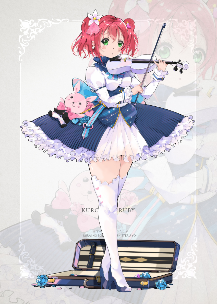 1girl :o bangs blouse blue_flower blue_footwear blush bow bowtie breasts case character_name corset earrings flower frilled_skirt frills green_eyes hair_between_eyes hair_ornament heart high_heels highres holding holding_instrument instrument instrument_case jewelry kurosawa_ruby long_sleeves looking_at_viewer love_live! love_live!_sunshine!! medium_breasts open_mouth qianqian ribbon_trim sidelocks skirt stuffed_animal stuffed_bunny stuffed_toy thighhighs thighs twintails violin white_flower white_legwear