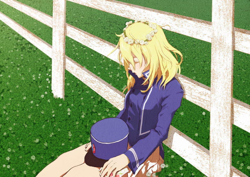 1girl bangs bc_freedom_(emblem) bc_freedom_military_uniform blonde_hair blue_headwear blue_jacket blue_vest closed_eyes emblem fence field girls_und_panzer hat hat_on_lap hat_removed head_wreath headwear_removed high_collar highres jacket long_sleeves medium_hair messy_hair napkin nrp_(pesu) oshida_(girls_und_panzer) pleated_skirt shako_cap sitting skirt sleeping solo thighs vest white_skirt