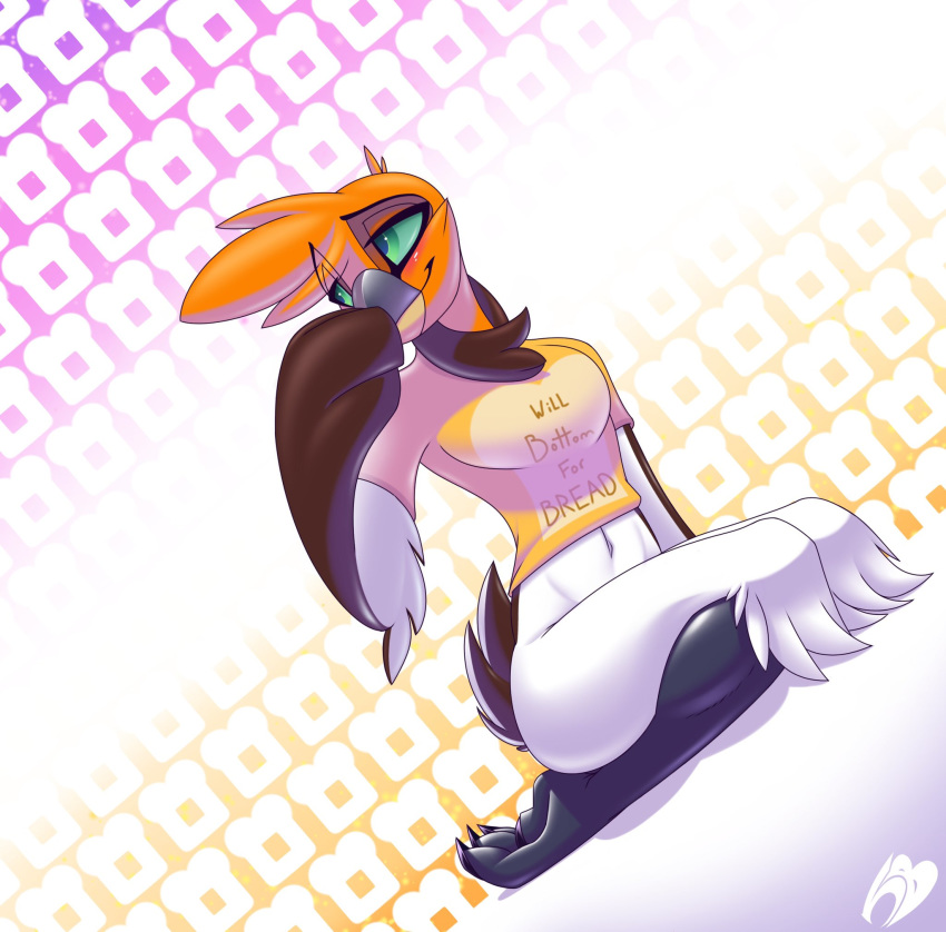 ambiguous_gender anthro avian bird blush bottomless cerceta clothed clothing english_text feathers green_eyes hi_res kneeling navel orange_feathers solo text twintailsinc white_feathers