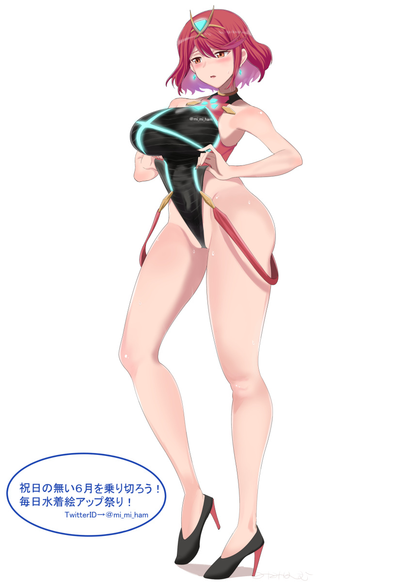 1girl absurdres bangs blush breasts competition_swimsuit earrings gem glowing hair_ornament headpiece highres homura_(xenoblade_2) jewelry large_breasts mi_mi_ham naughty_face one-piece_swimsuit pose pussy red_eyes red_hair short_hair solo swept_bangs swimsuit thighs tiara toes twitter_username xenoblade_(series) xenoblade_2