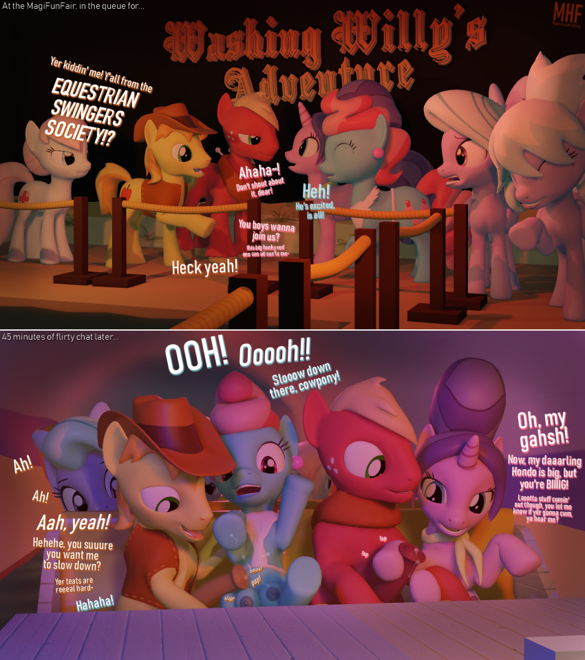 3d_(artwork) big_macintosh_(mlp) big_penis braeburn_(mlp) cloud_chaser_(mlp) cockslap comic cookie_crumbles_(mlp) dialogue digital_media_(artwork) earth_pony equid equine exhibitionism female feral flitter_(mlp) friendship_is_magic group group_sex handjob hi_res horn horrified horse laugh male male/female mammal mature_female moorsheadfalling mrs._cake_(mlp) my_little_pony nurse_redheart_(mlp) penile penis pony public sex swingers swinging teats text unicorn